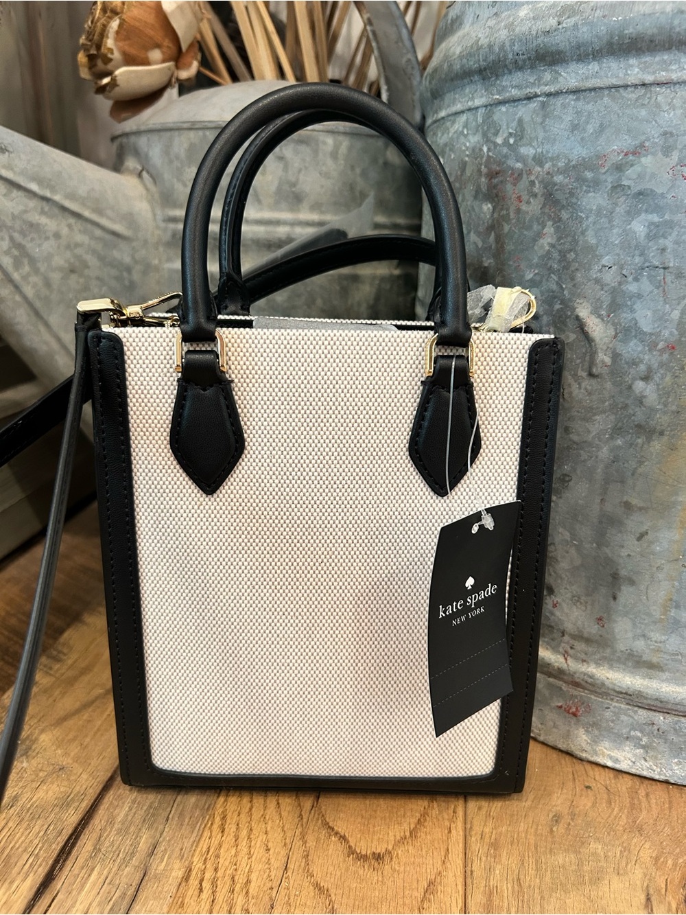 NWT kate spade Black & Cream Mini Canvas Tote with Top Handles - Picture 2 of 11